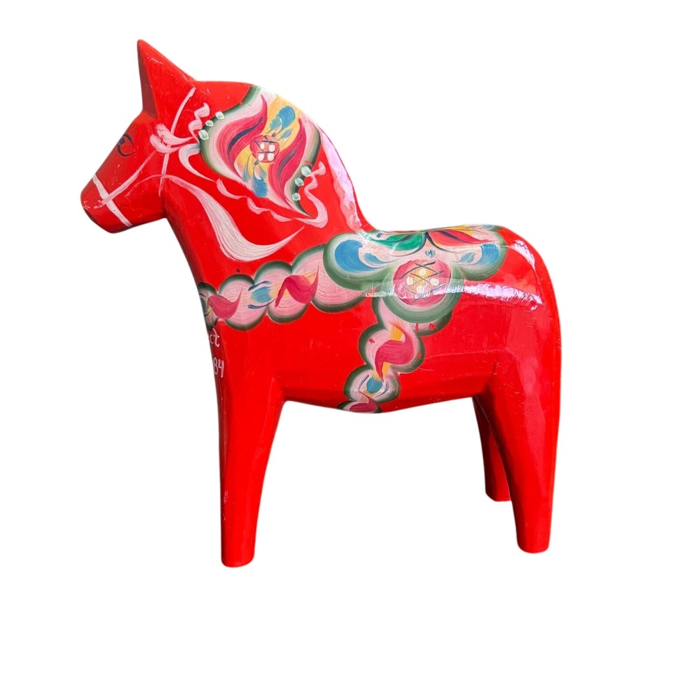 Swedish Dala Horse Red Wooden Folk Art Hand Painted 8" Figurine